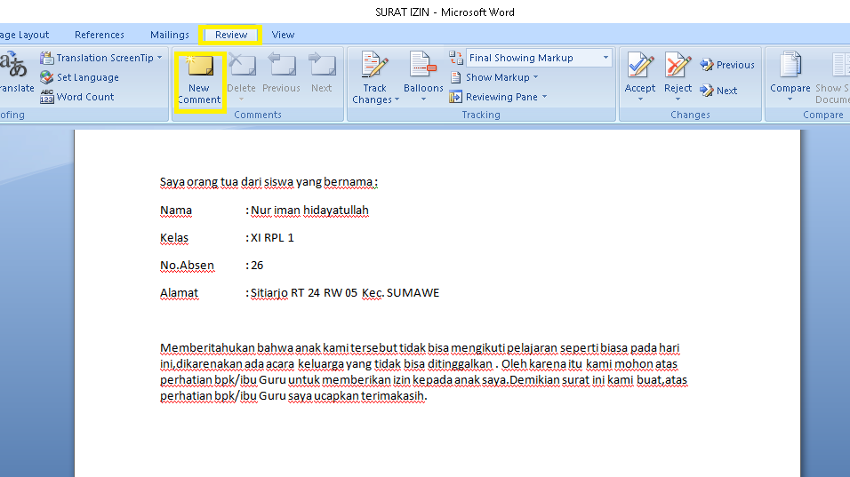 Menambahkan comment Word